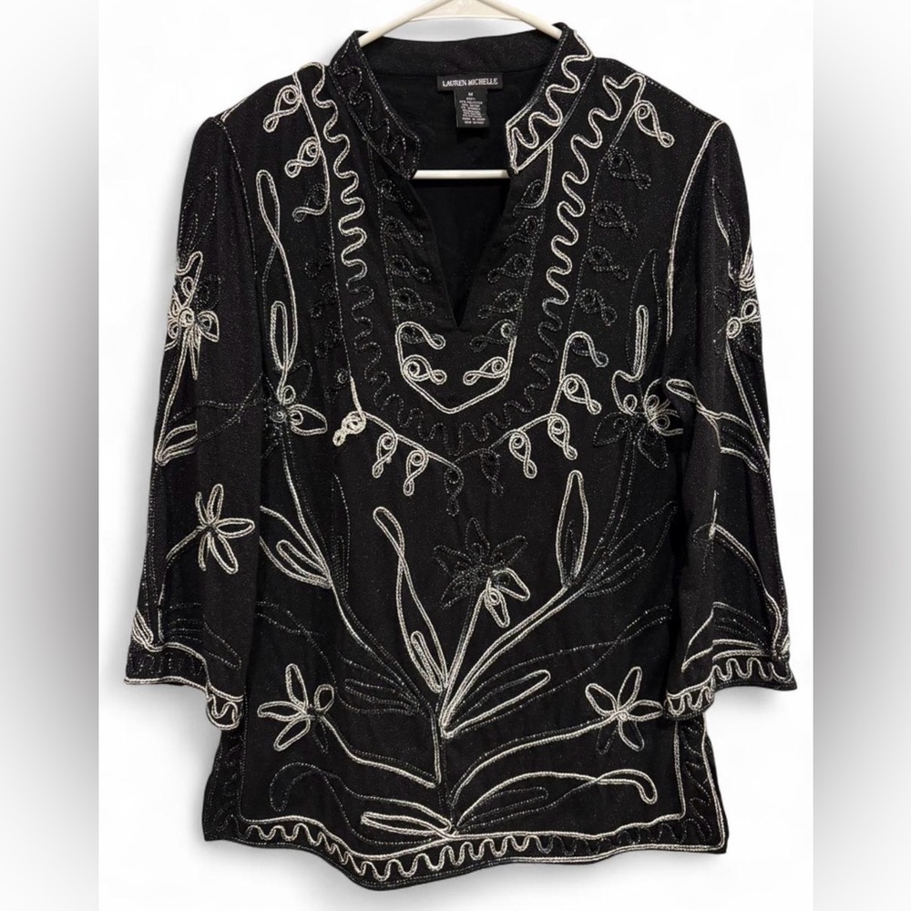 Lauren Michelle Black Shimmer Embroidered Top Medium Boho‎ Whimsical Y2K